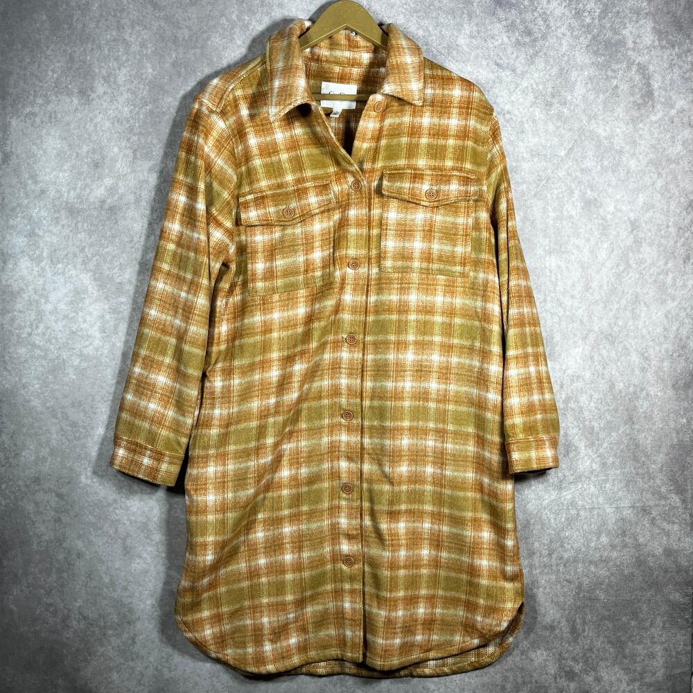 Jessica Simpson Romi Shirt Jacket Womens Large Orange Plaid Flannel Button Up